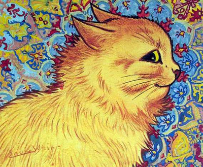 Psychedelic cat looking to the side in fear