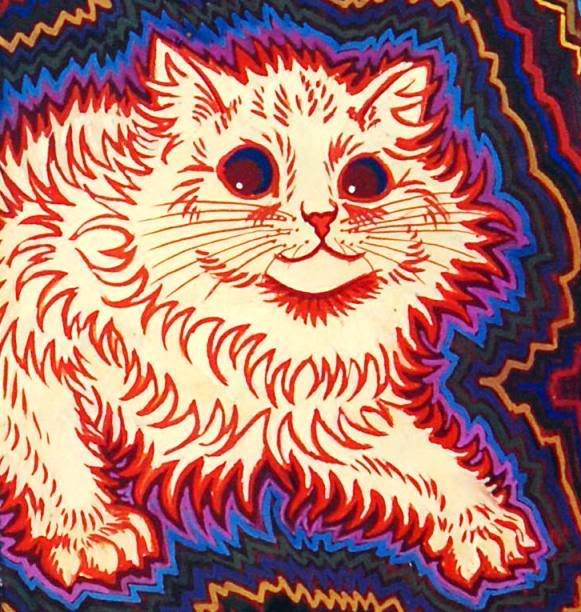 Demonic cat drawn with bright colours and waves of energy