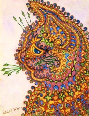 Depressed cat drawn with geometric shapes and psychedelic colours